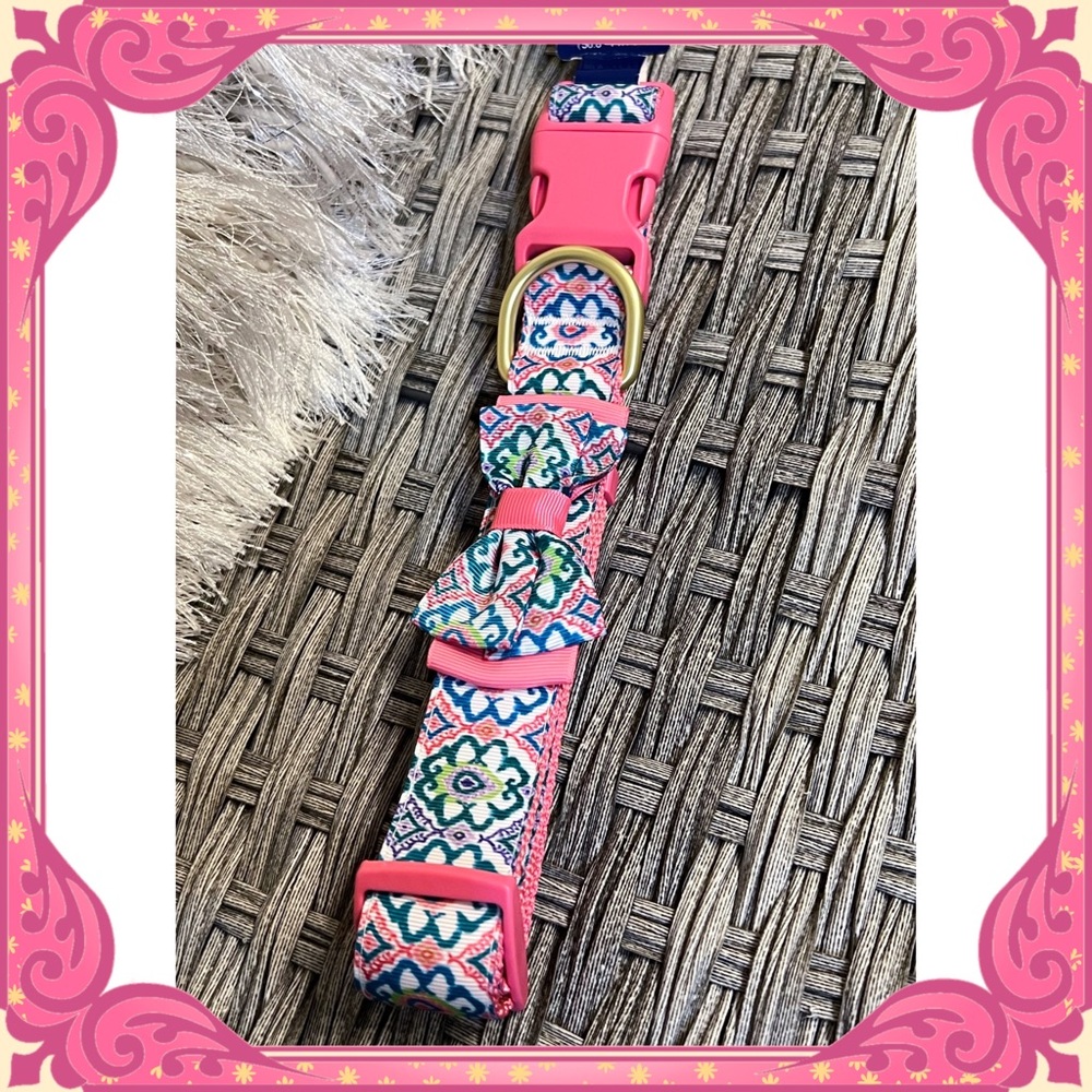 XL Petsmart Floral Bow Tie Nylon Dog Collar Adjustable Pink White Blue Flower